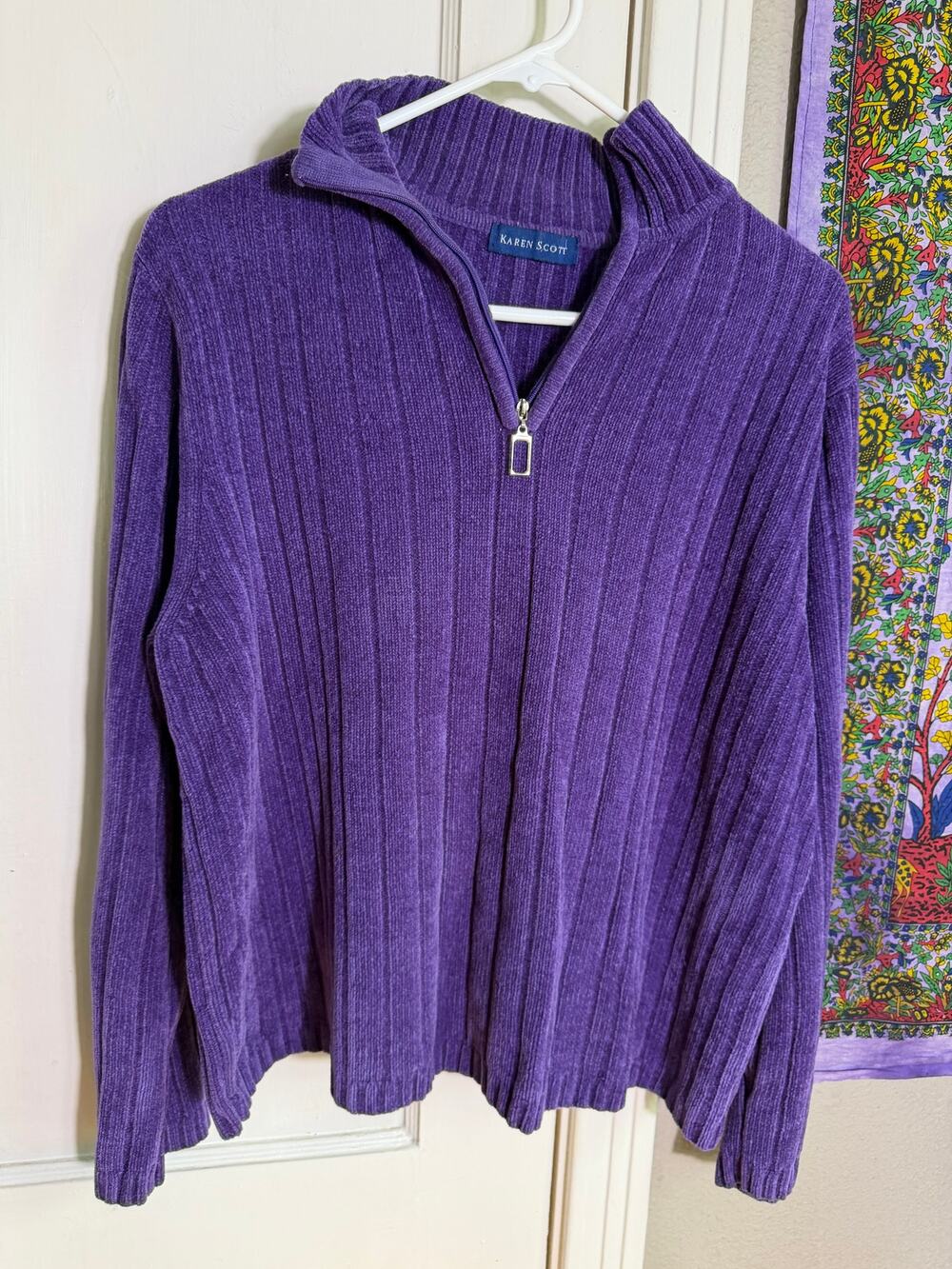 Karen Scott Purple Chenille Sweater Large Quarter Zip Ribbed Pullover Soft